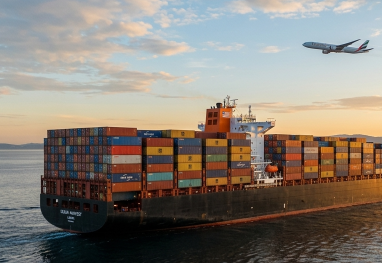 Container ship and cargo airplane